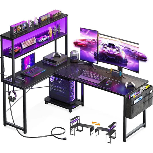 53-Inch Reversible L-Shaped Gaming Desk – LED Lights, Power Outlet, and Shelf for the Ultimate Corner Setup