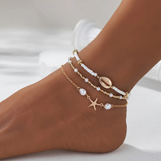 3-Piece Beach Anklet Set for Women – Vintage Gold Starfish & Shell Charms, Summer Boho Jewelry for Vacation & Daily Wear