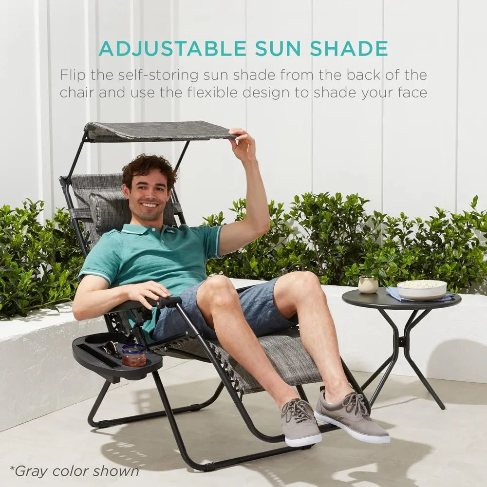Folding Zero Gravity Recliner Chair – Outdoor Patio Lounge with Adjustable Canopy, Headrest & Side Tray