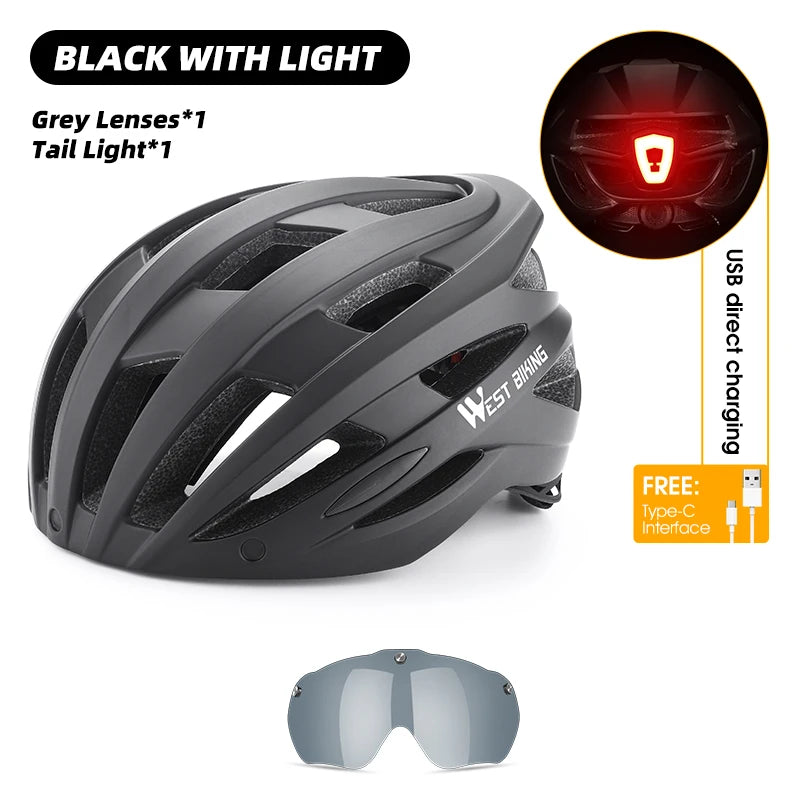 WEST BIKING Unisex Cycling Helmet with Taillight, Goggles, and Sun Visor – Safety Helmet for MTB, Road Bikes, and Motorcycles