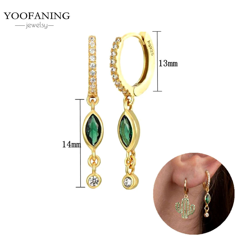925 Sterling Silver Women's Earrings – Heart-Shaped Green Zircon Flower with Geometric Luxury Design