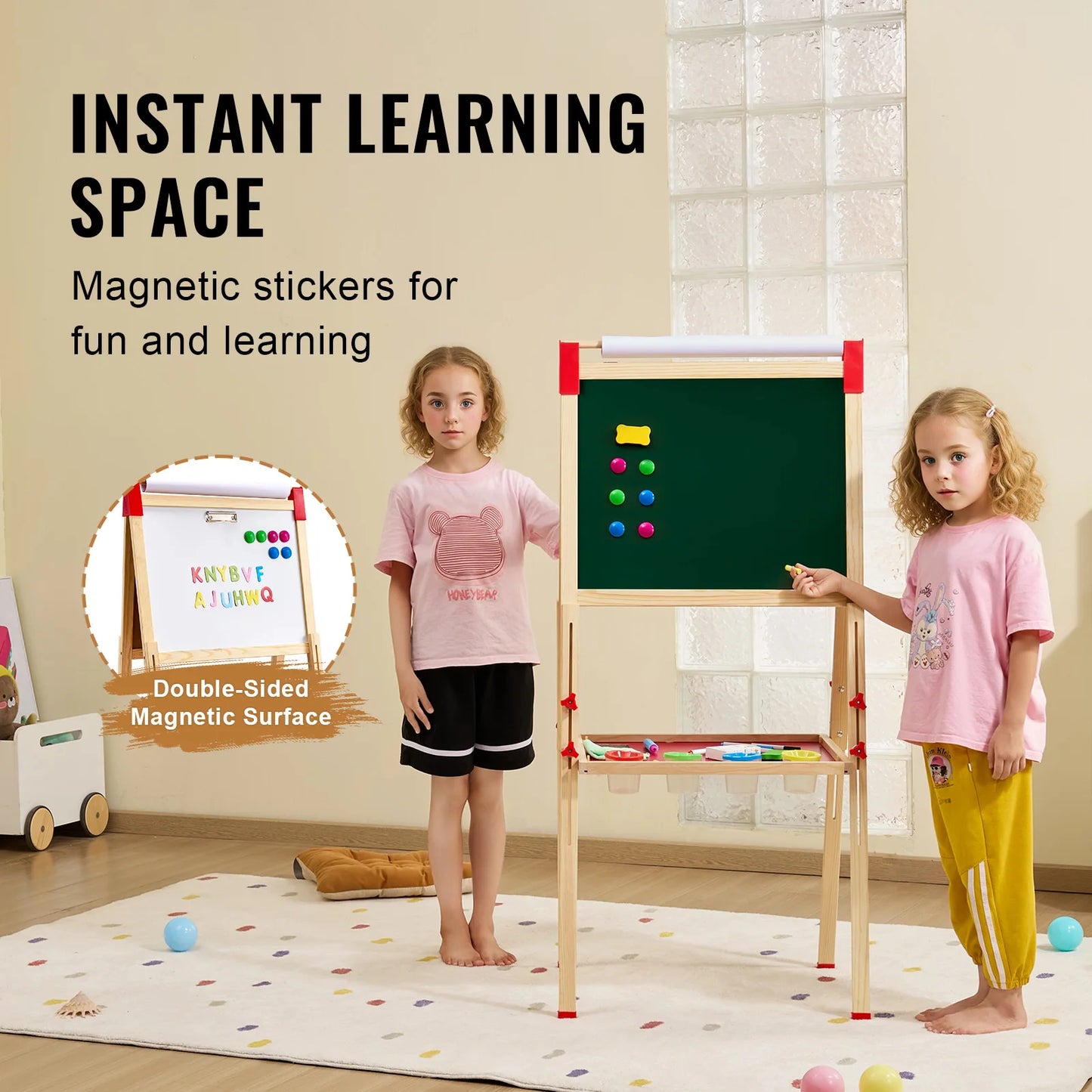 Double-Sided Kids' Art Easel – Wooden Magnetic Drawing Board with Whiteboard & Chalkboard, Creative Gift for Boys & Girls