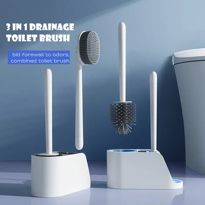 3-in-1 Silicone Toilet Brush Set with Wall & Floor Stand – Sleek, Space-Saving Cleaning Solution