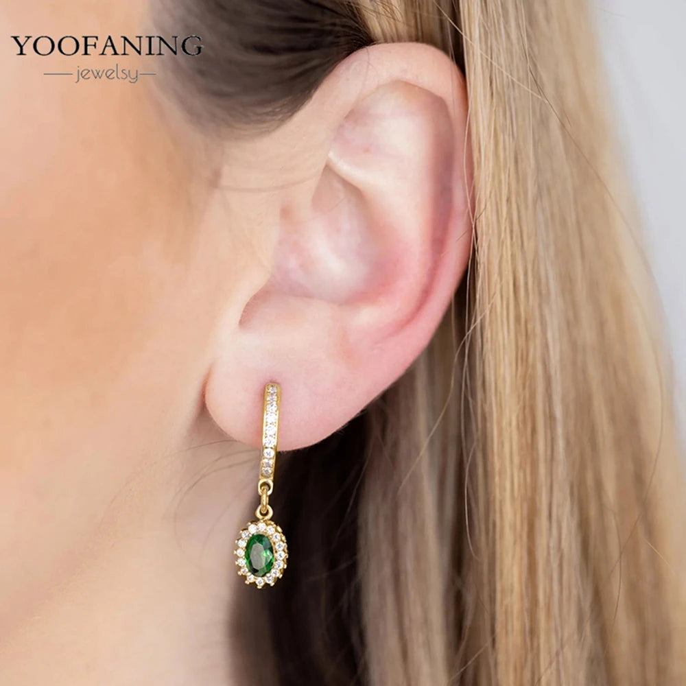925 Sterling Silver Women's Earrings – Heart-Shaped Green Zircon Flower with Geometric Luxury Design