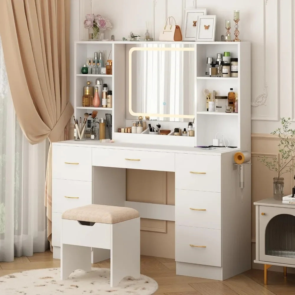 White LED Vanity Set with Stool and Power Outlet - Air Dresser Makeup Table for Bedroom