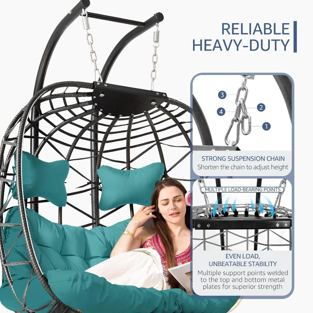 Double Swing Egg Chair with Stand – 2-Person Rattan Loveseat for Outdoor/Indoor Patio or Bedroom (Gray & Turquoise)