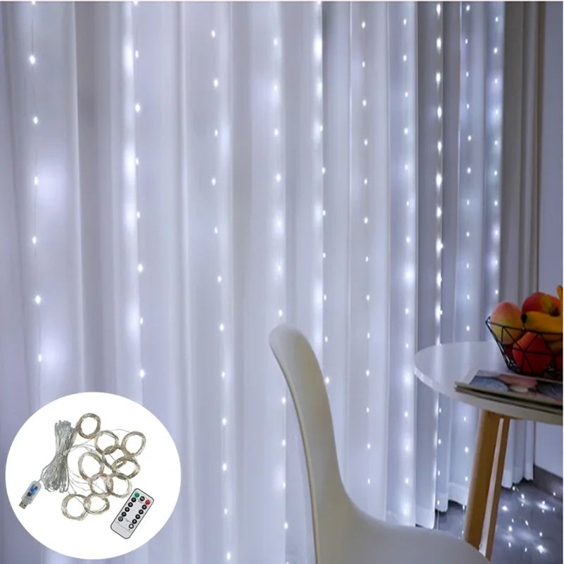 3M LED Curtain Garland Window Lights - USB String Fairy Festoon with Remote Control for New Year and Christmas Home Decorations