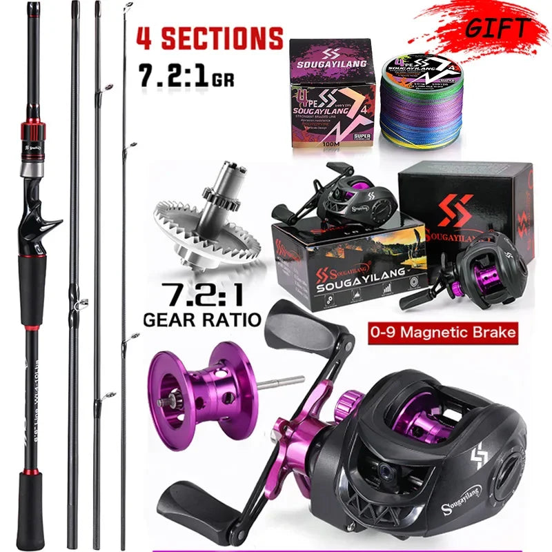 Sougayilang Carbon Fiber Fishing Rod and Baitcasting Reel Combo - 1.8~2.1m Casting Rod with 7.2:1 Gear Ratio and 10kg Max Drag for Bass Fishing