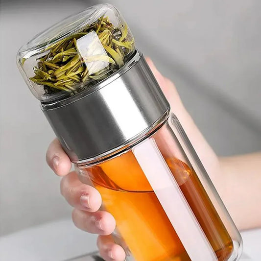 420ML Tea Infuser Water Bottle – Double Layer High Borosilicate Glass Tumbler with Stainless Steel Filter for Loose Leaf Tea & Fruit Infusions