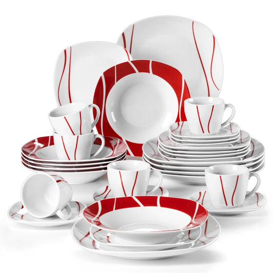 30-Piece Porcelain Dinnerware Set – Red Striped Ivory White Plates, Cups, Saucers, Bowls & Dessert Dishes (Service for 6)