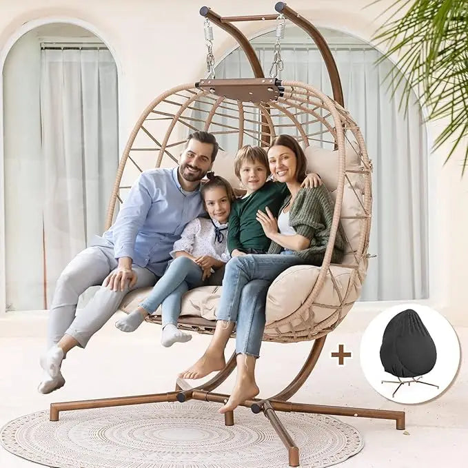 Double Swing Egg Chair with Stand – 2-Person Rattan Loveseat for Outdoor/Indoor Patio or Bedroom (Gray & Turquoise)