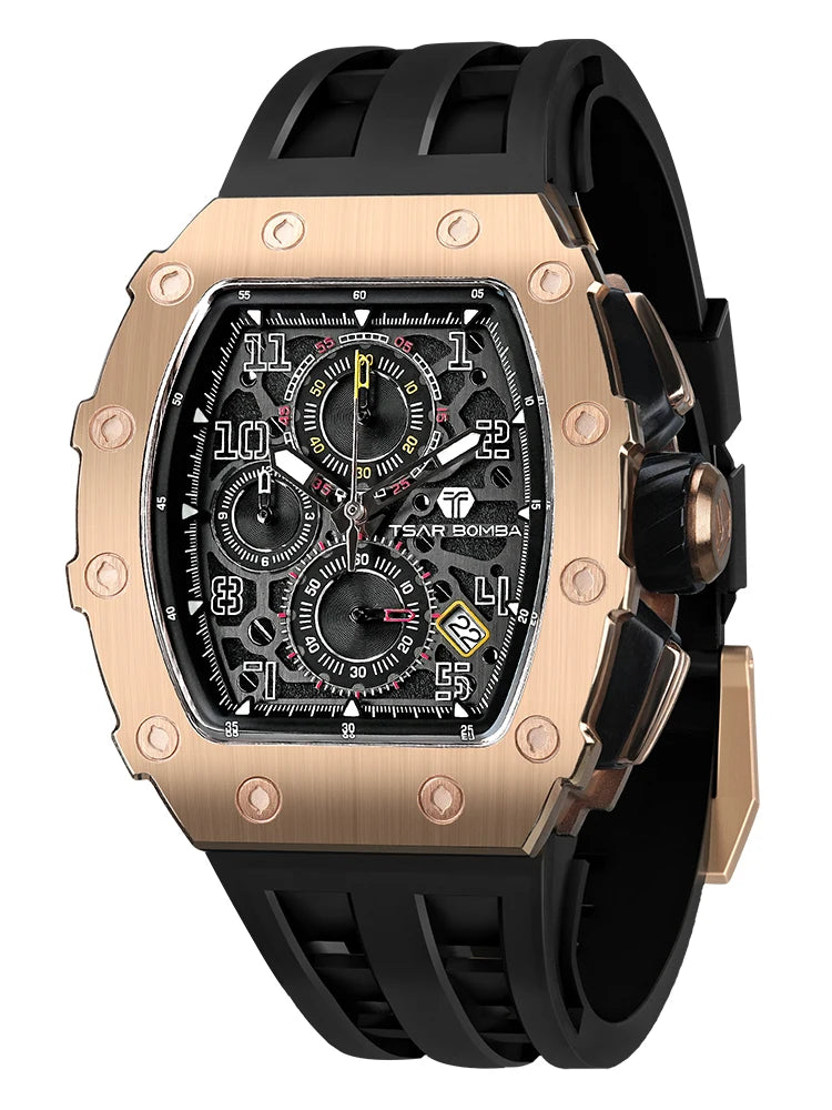 TSAR BOMBA Men’s Luxury Watch – Tonneau Design Waterproof Stainless Steel Wristwatch
