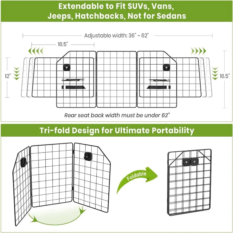 Adjustable Car Dog Barrier - Portable Folding Pet Trunk Divider Mesh Gate for Backseat, Universal Fit