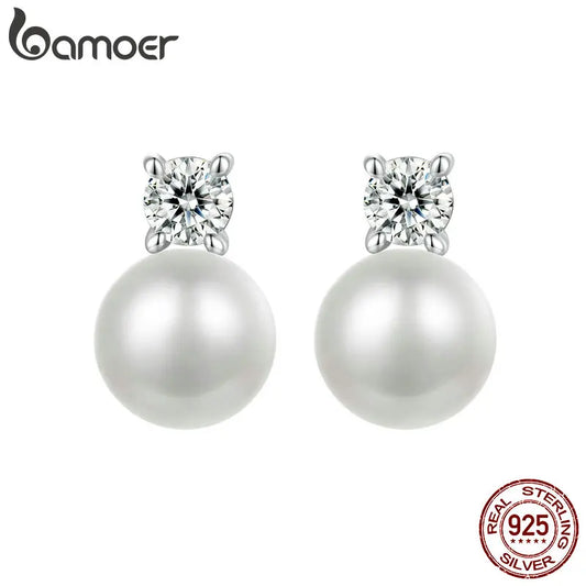 Elegant Moissanite & Freshwater Pearl Stud Earrings in 925 Sterling Silver