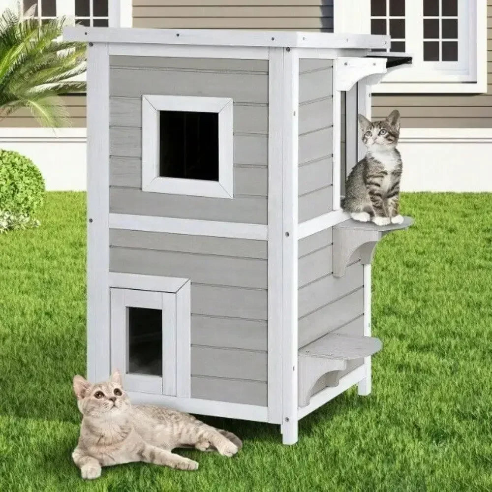 2-Story Wooden Outdoor Cat House – Rainproof Kitty Shelter with Escape Door, Weather-Resistant Pet Hideout