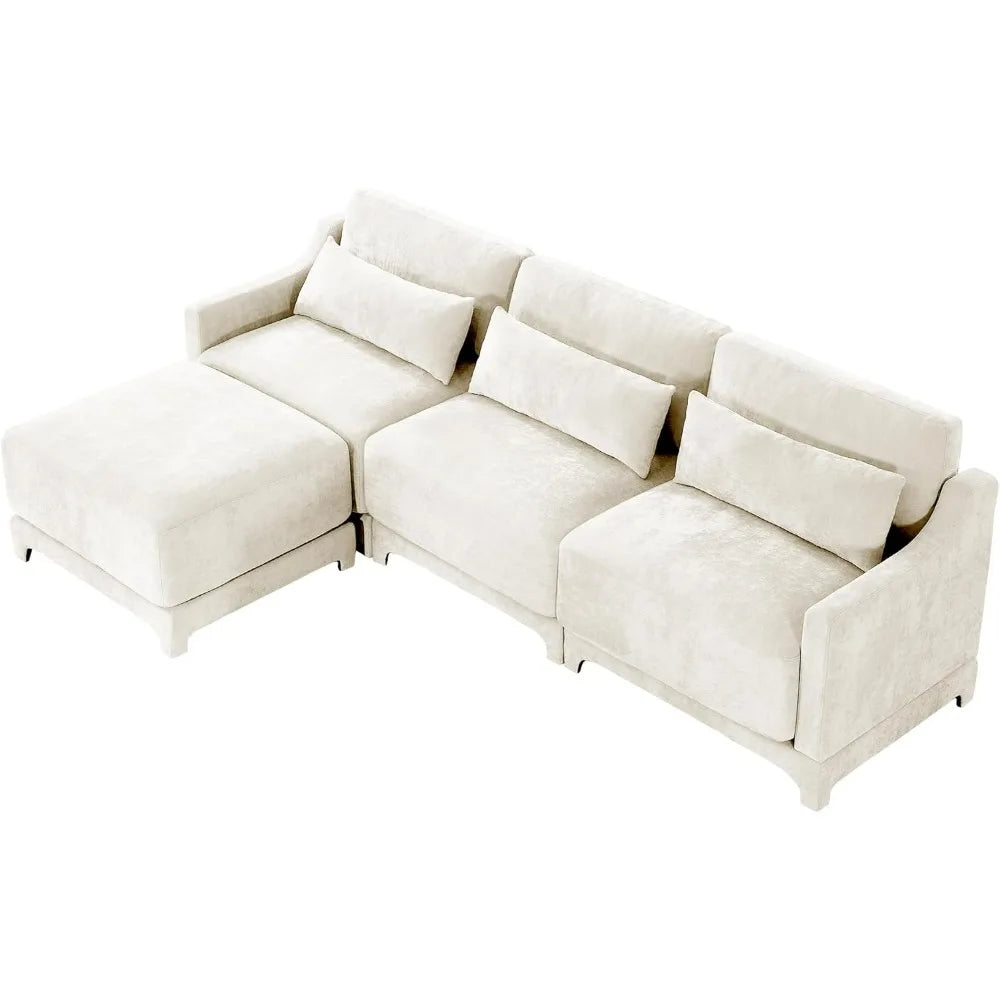 110" L-Shaped Modular Cloud Sectional Sofa with Ottoman – 3-Seat Chenille Deep Cushion Couch with Pillows for Living Room