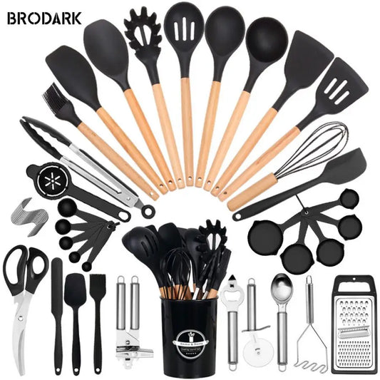 44-Piece Premium Silicone Kitchen Utensil Set – Heat-Resistant Cooking Tools with Wooden Handles & Knife