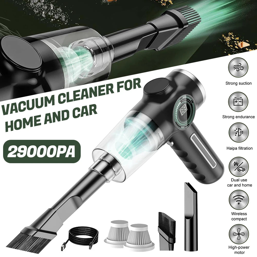 Powerful Clean Anywhere: 29000Pa Mini Wireless Vacuum – 120W Handheld Car Cleaner with LCD Display & 3 Filters