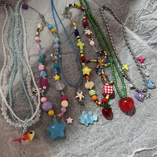 Boho Y2K Star & Heart Tassel Choker – Colorful Kpop-Inspired Pendant Necklace for Women