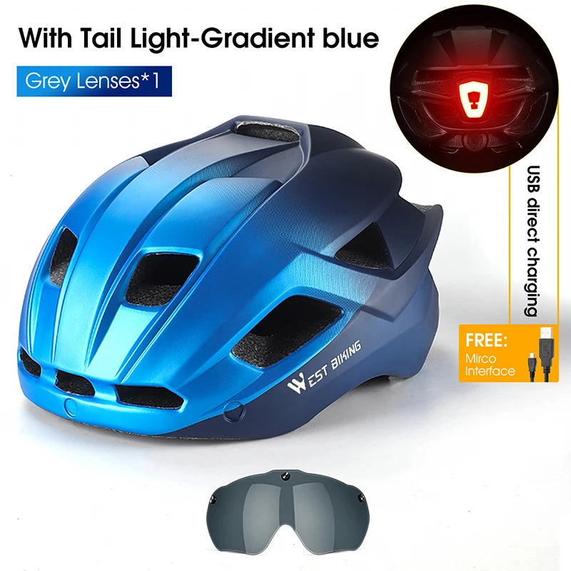 WEST BIKING Unisex Cycling Helmet with Taillight, Goggles, and Sun Visor – Safety Helmet for MTB, Road Bikes, and Motorcycles