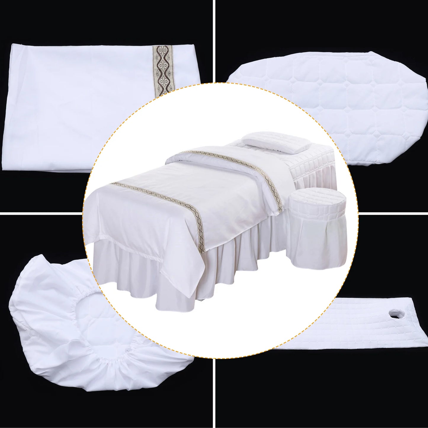 Pure White Massage Table Set – Includes Bed Skirt, Pillow Case, Stool Cover, and Quilt Cover for a Professional Spa Look!