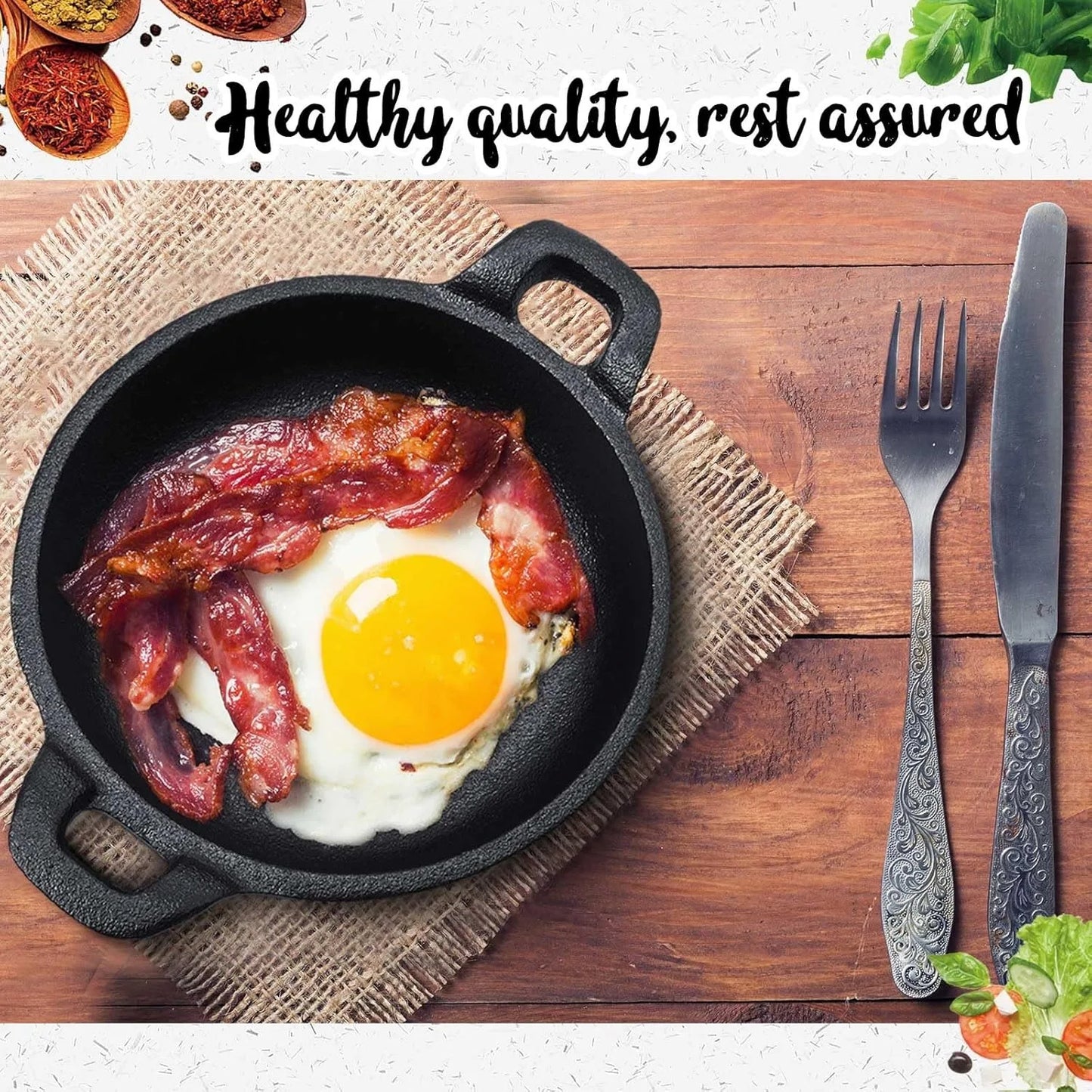 Mini Cast Iron Frying Pan Set – 2-Piece, 5" x 5" x 1.3", Black, Oven-Safe Skillets for Indoor/Outdoor Cooking, Kitchen & Picnic Use