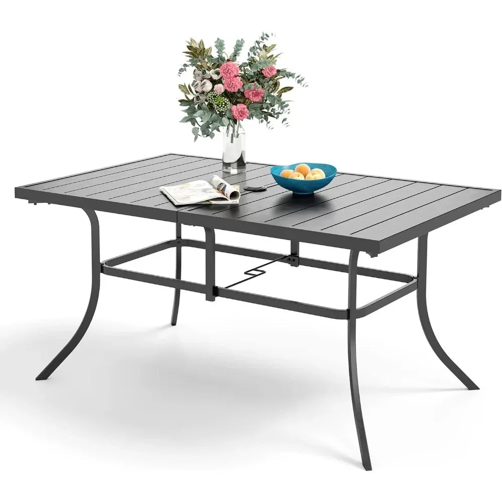 Rectangular Metal Outdoor Dining Table for 6 - Black Weather-Resistant Steel Slatted Patio Table