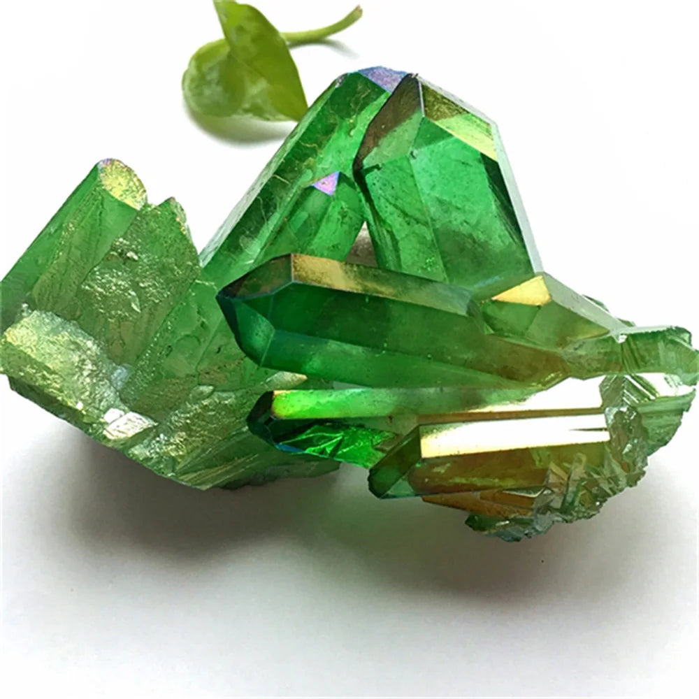Aura Green Titanium Quartz Crystal Cluster – Natural Healing Gemstone Specimen for Energy & Decor