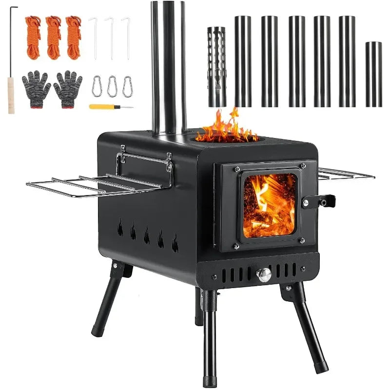 Portable Tent Wood Stove – Wood Burning Camping Stove with 7-Section Chimney Pipes for Outdoor Adventures