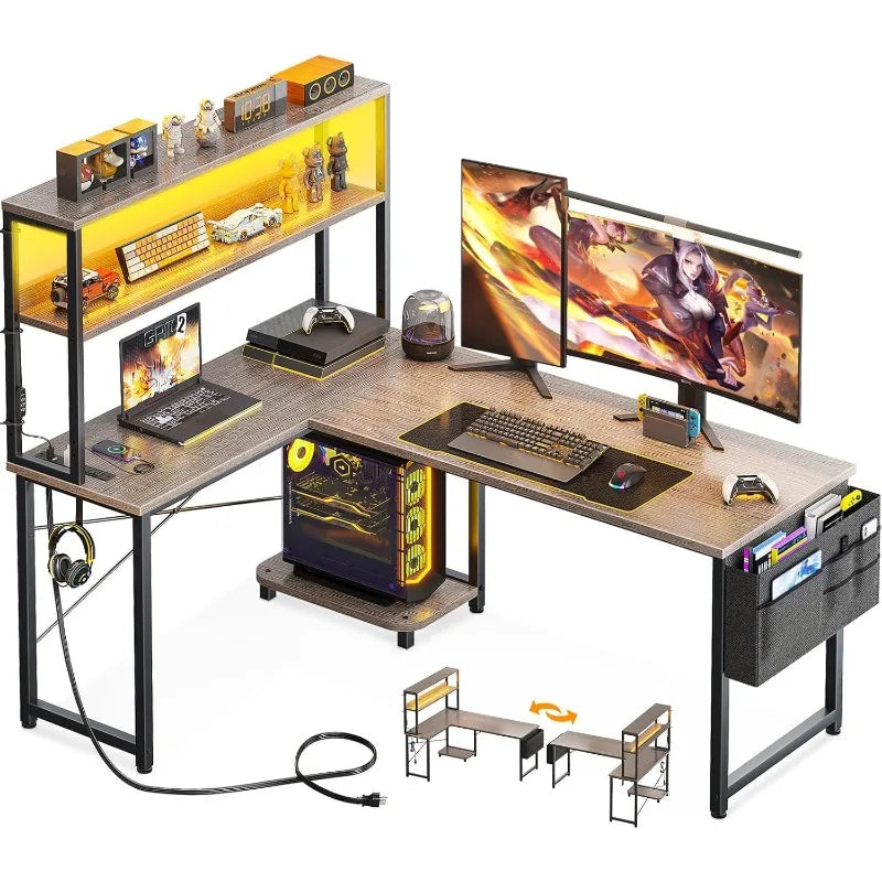 53-Inch Reversible L-Shaped Gaming Desk – LED Lights, Power Outlet, and Shelf for the Ultimate Corner Setup