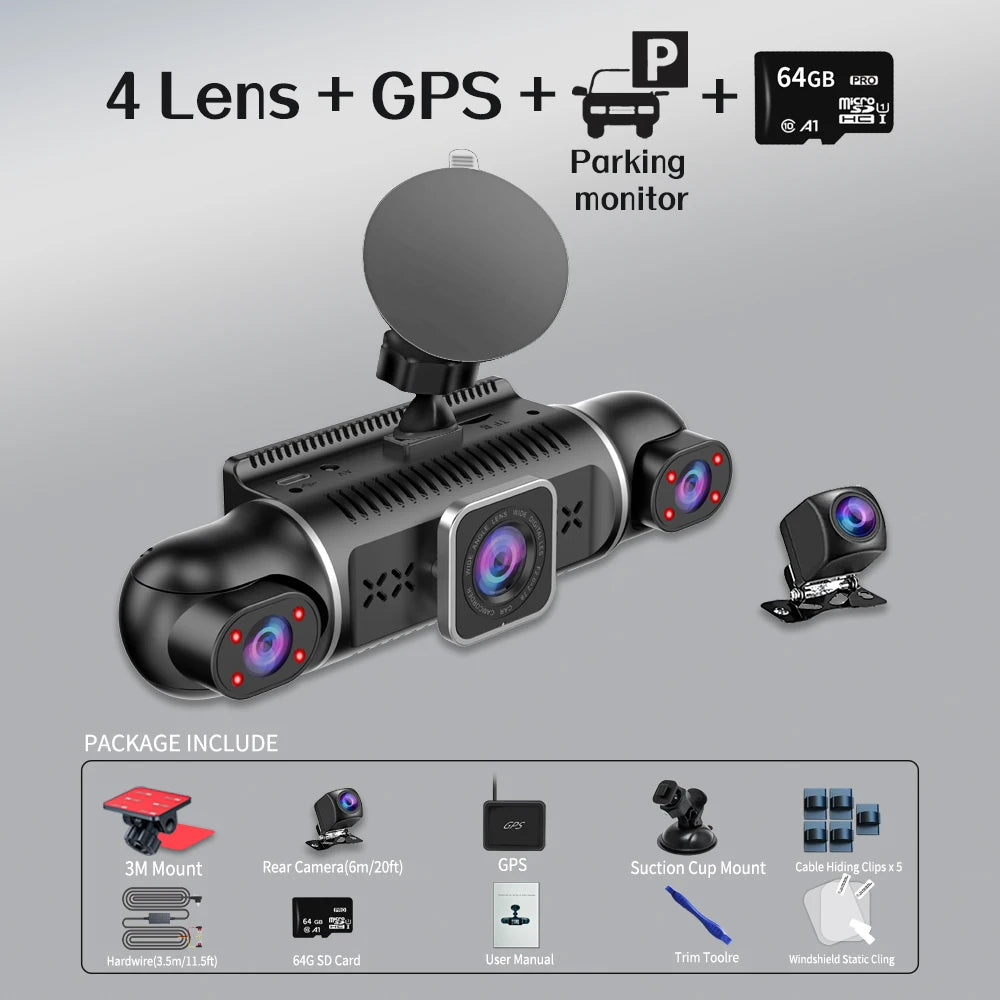 360° Protection on the Road: 4-Lens Dash Cam with WiFi, GPS & Free 64GB Storage