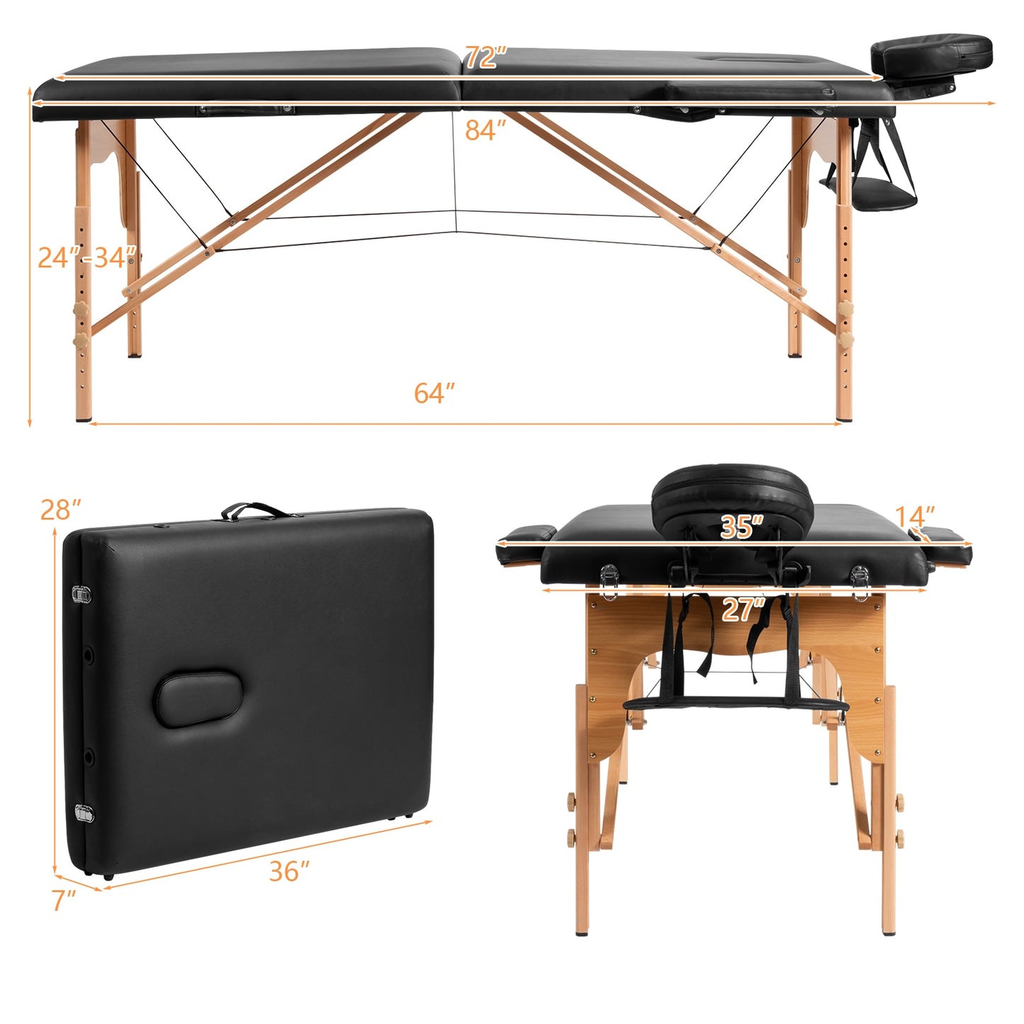 Adjustable Facial Spa Bed: 84" Portable Massage Table with Carry Case in Black