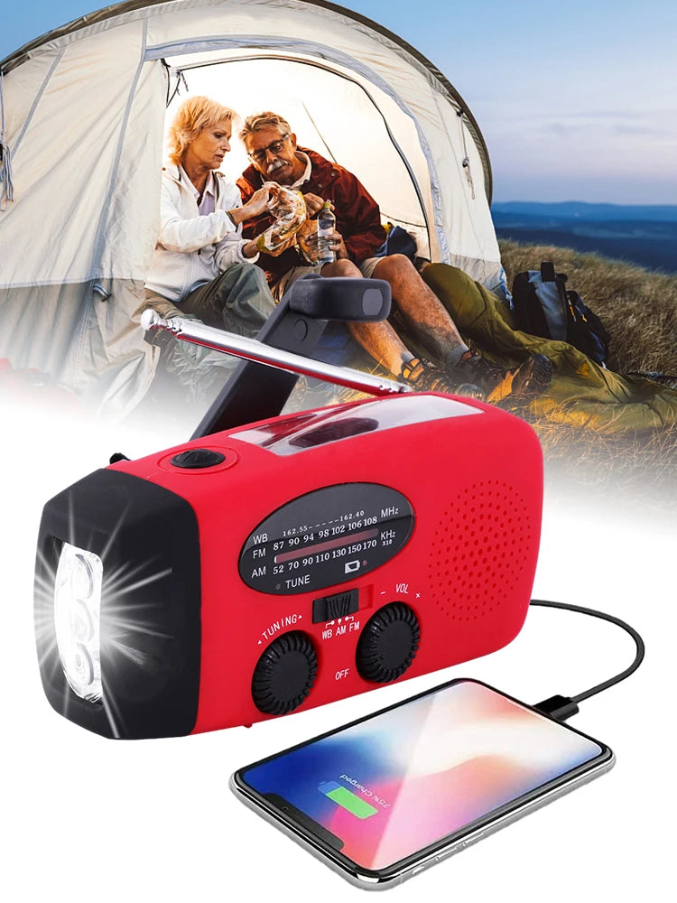 Versatile Solar Hand Crank Radio: FM/AM/WB NOAA Weather Radio with 2000mAh USB Charging, Emergency LED Flashlight, and Power Bank Functionality