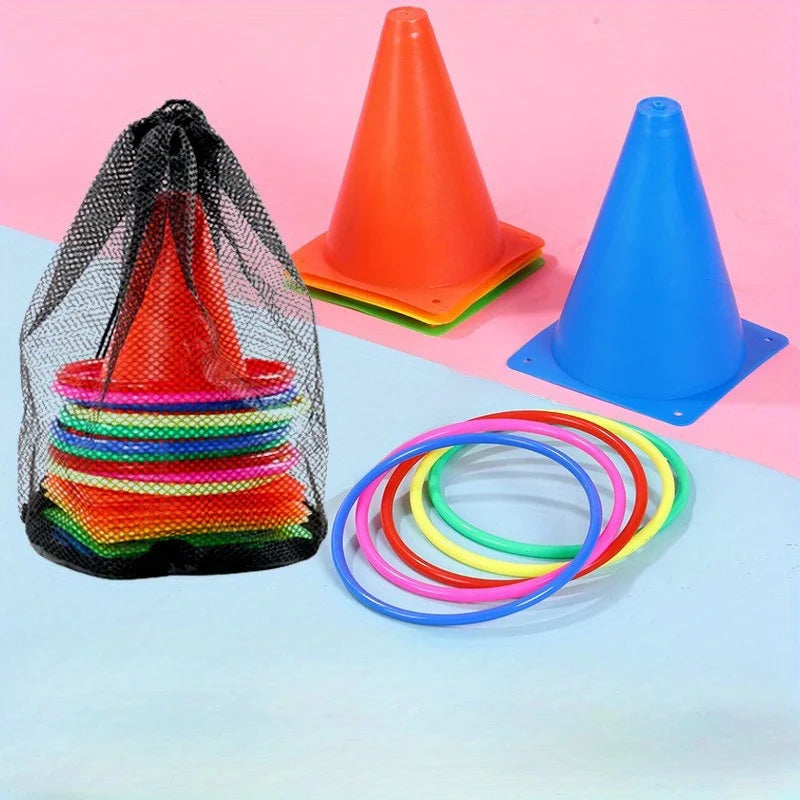 Multicolor Cone and Ring Toss Game Set for Kids – Outdoor Floor Ring Toss Sports Game with Logo Barrels, Sensory Motor Skills Trainer