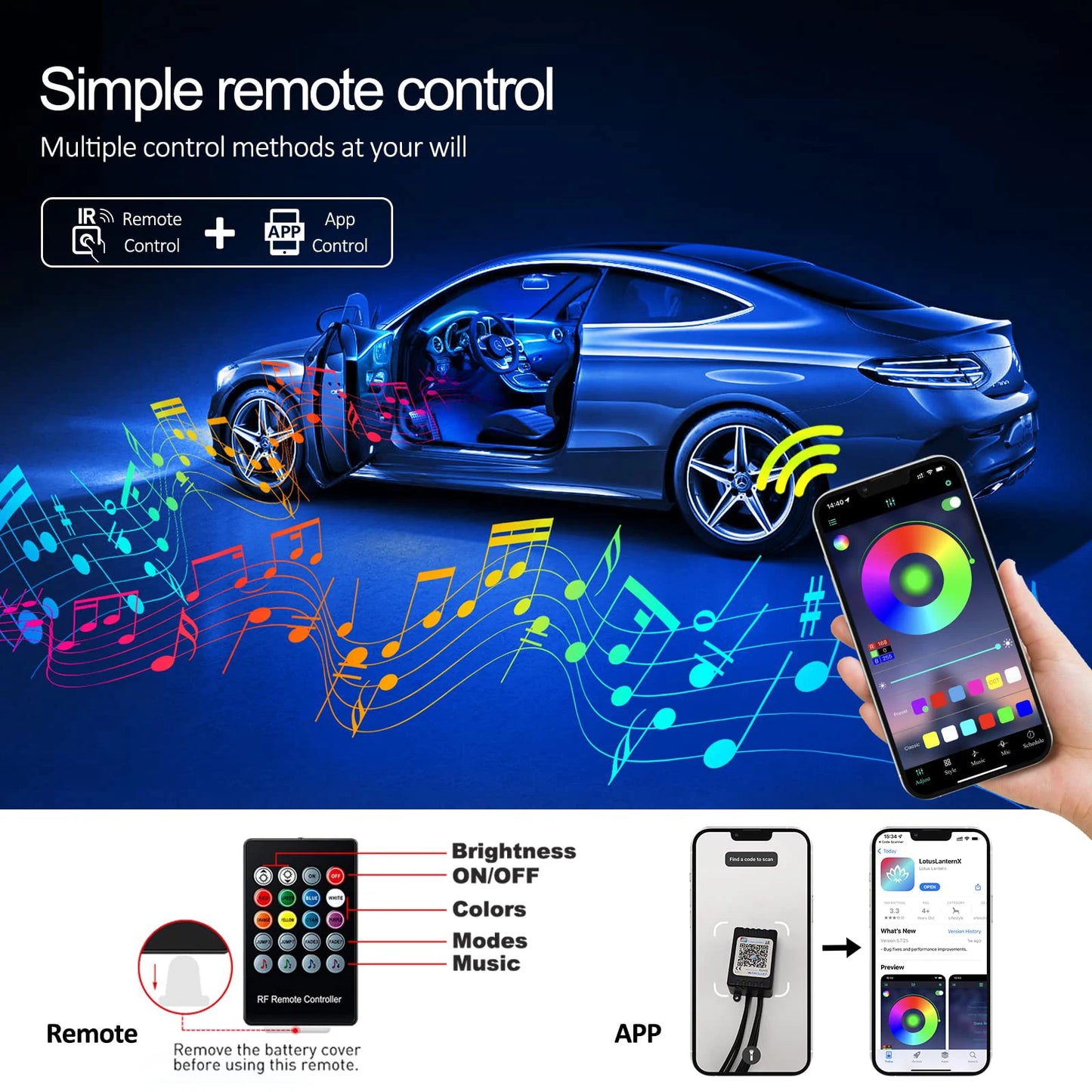 Enhance Your Car Interior: RGB LED Fiber Optic Ambient Strip Lights with Remote Control App for Customized Atmosphere and Decoration