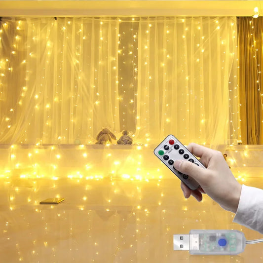 3M LED Curtain Garland Window Lights - USB String Fairy Festoon with Remote Control for New Year and Christmas Home Decorations