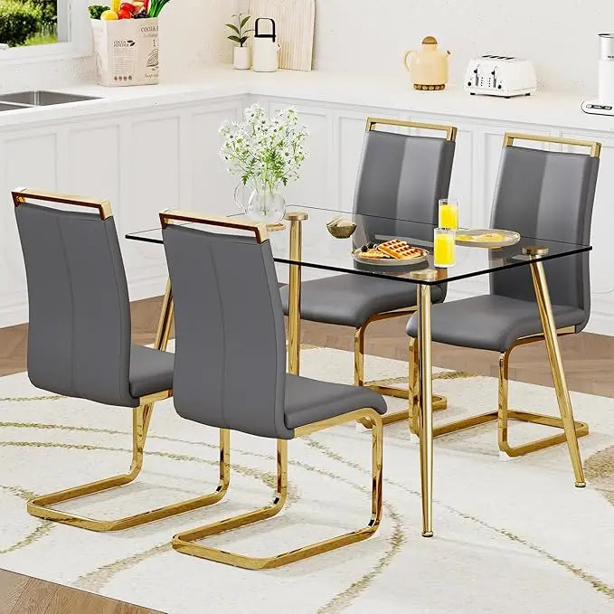 5-Piece Glass Dining Table Set for 4 – Modern Kitchen Dining Room Table with 4 Black PU Leather Chairs