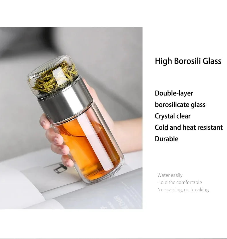 420ML Tea Infuser Water Bottle – Double Layer High Borosilicate Glass Tumbler with Stainless Steel Filter for Loose Leaf Tea & Fruit Infusions