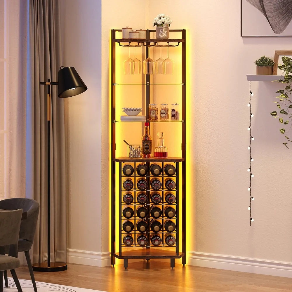 4-Tier Corner Wine Rack – Industrial Bar Cabinet with Glass Holder & Storage Shelves