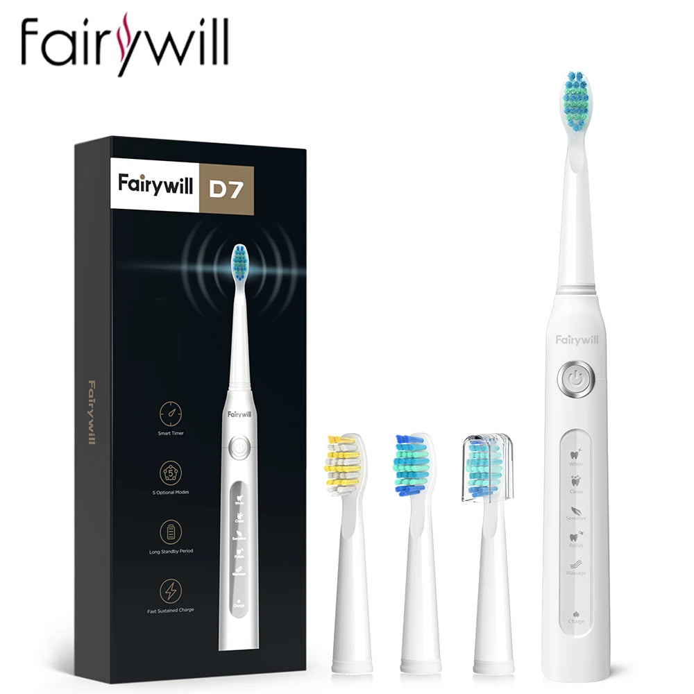 Fairywill FW-507 Sonic Electric Toothbrush: Ultra Sonic, 5 Modes, USB Charger, Waterproof IPX7 with 3 Brush Heads – Perfect Gift!