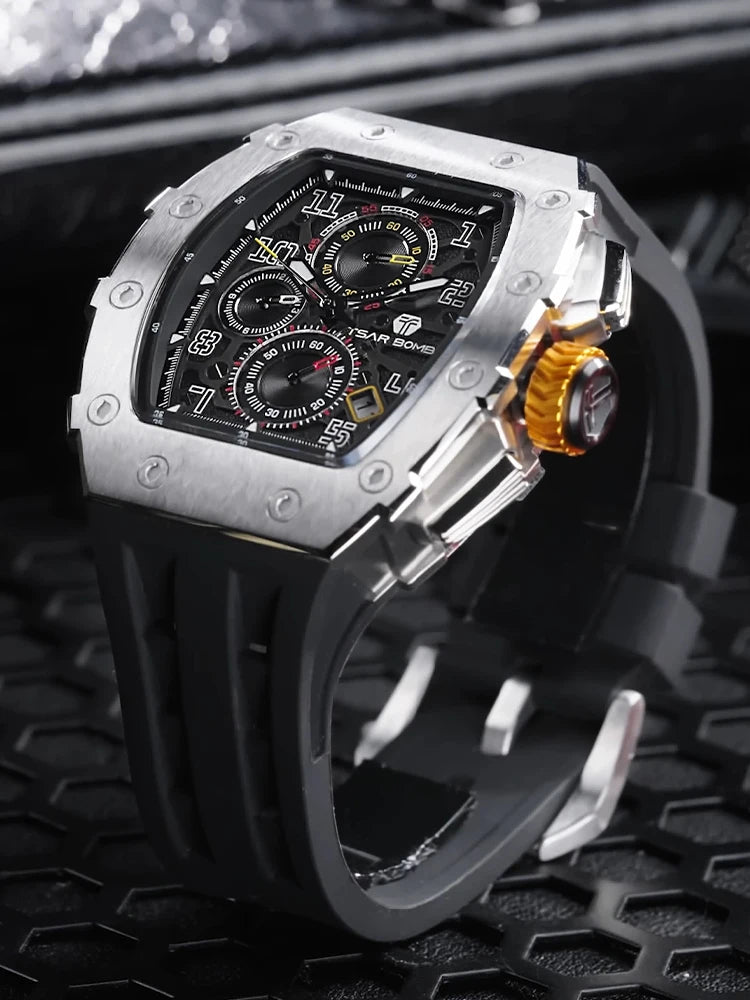 TSAR BOMBA Men’s Luxury Watch – Tonneau Design Waterproof Stainless Steel Wristwatch