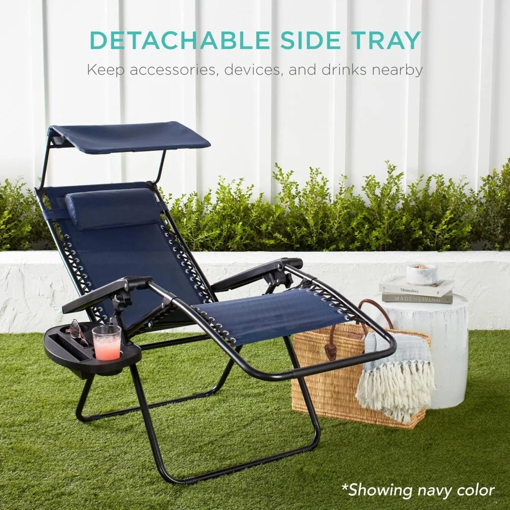 Folding Zero Gravity Recliner Chair – Outdoor Patio Lounge with Adjustable Canopy, Headrest & Side Tray