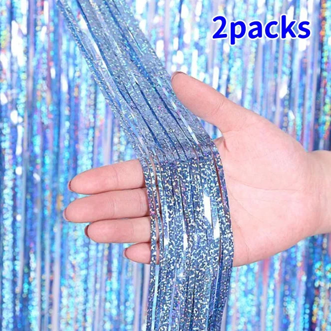 2-Pack Metallic Tinsel Fringe Curtains – 2x1M Glitter Party Backdrops for Birthday, Wedding, Bachelorette & Event Decor
