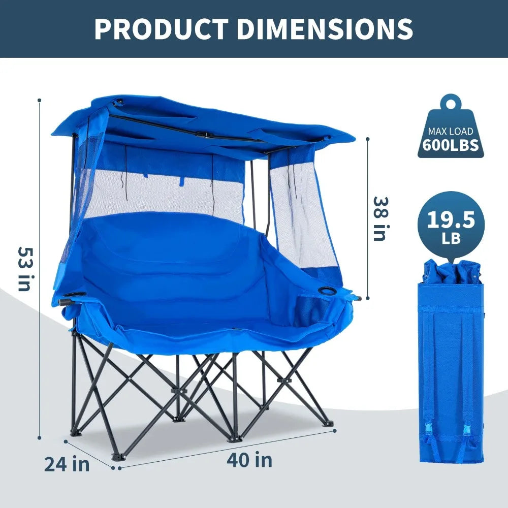 Oversized Double Camping Chair with Shade Canopy, 2 Person Folding Beach Chair with Cup Holder Carrying Bag, Heavy Duty Loveseat