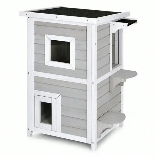2-Story Wooden Outdoor Cat House – Rainproof Kitty Shelter with Escape Door, Weather-Resistant Pet Hideout