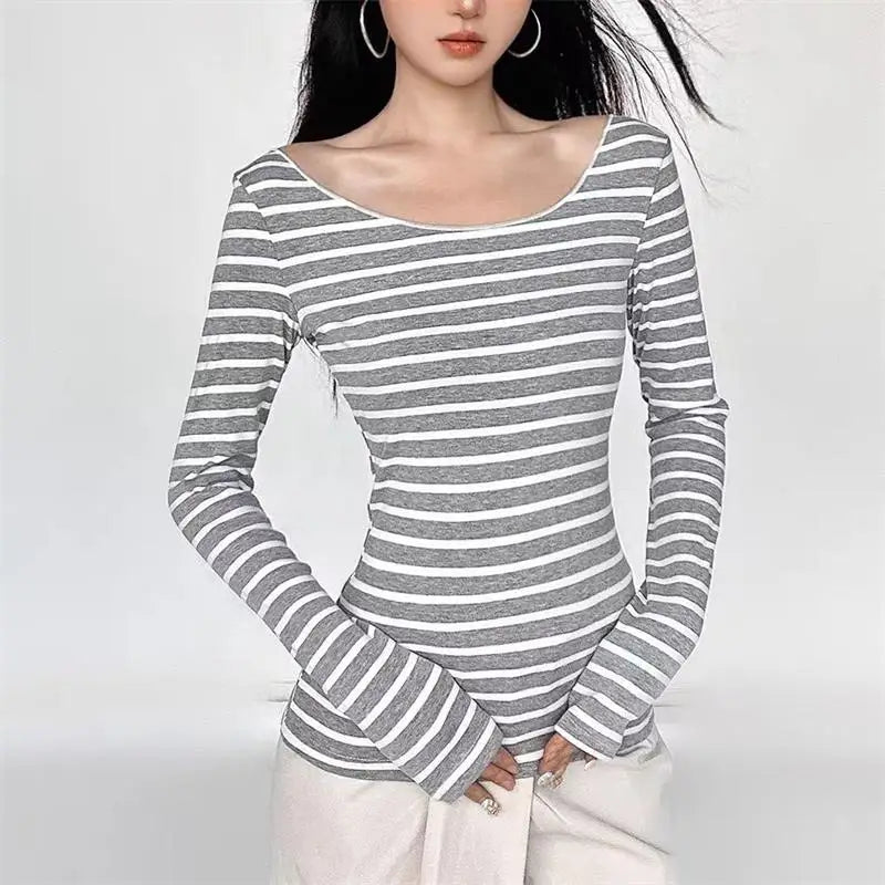Y2K Grunge Striped Off-Shoulder Long Sleeve Top – Vintage 00s Emo Goth Aesthetic Tee for Women