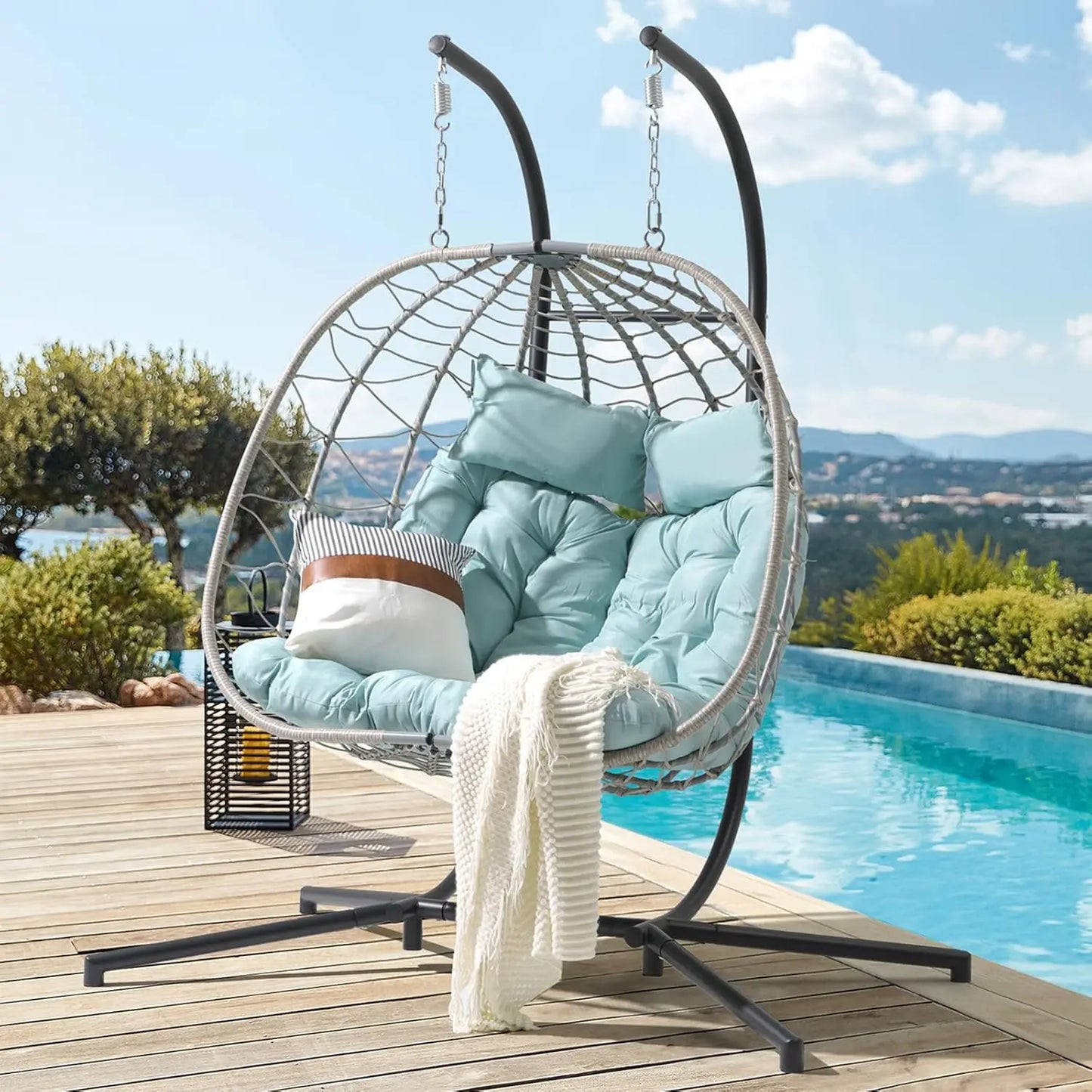 2-Person Double Egg Swing Chair with Stand – Patio Wicker Rattan Hanging Egg Chair with Cushion, Pillow, and Foldable Design, Perfect Hammock Chair for Outdoor Relaxation