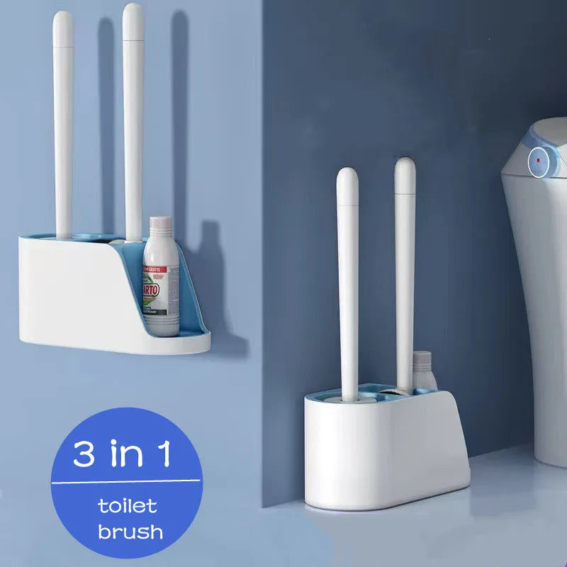 3-in-1 Silicone Toilet Brush Set with Wall & Floor Stand – Sleek, Space-Saving Cleaning Solution
