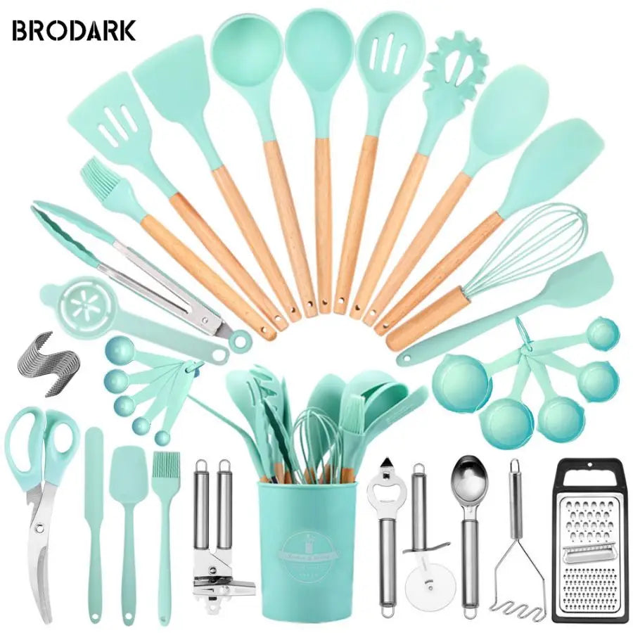 44-Piece Premium Silicone Kitchen Utensil Set – Heat-Resistant Cooking Tools with Wooden Handles & Knife