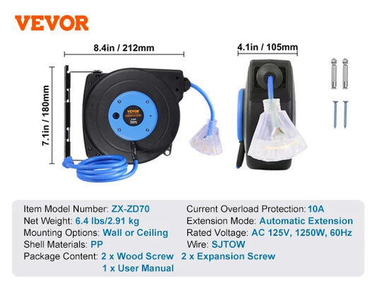 🔌 SucceBuy 30FT Retractable Extension Cord Reel
With Lighted Triple Tap Outlet | 10 Amp Circuit Breaker | 4.5FT Lead-In Cord